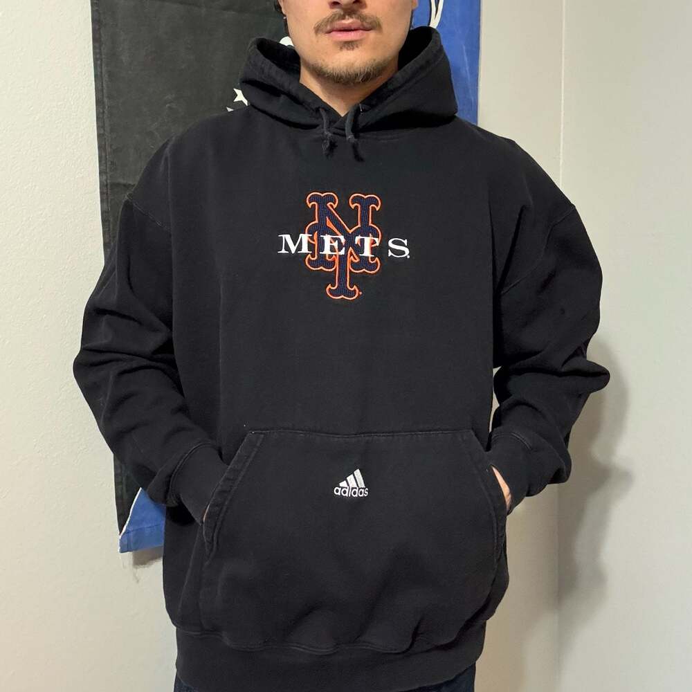 Y2K Adidas New York Mets Embroidered Center Logo Pullover Hoodie Black Men’s Lar